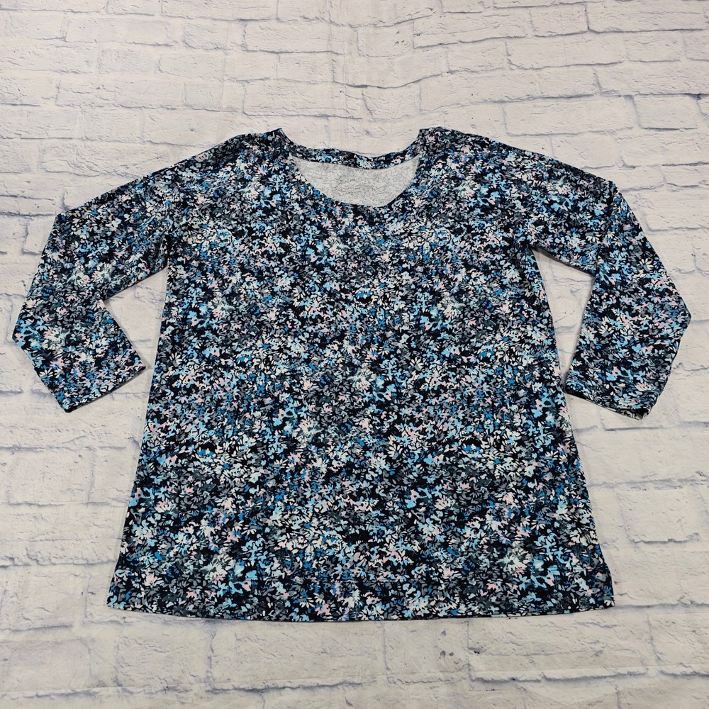J Jill Simply Supima Tunic Womens M Blue Floral Scoop Neck 3/4 Sleeve Cotton